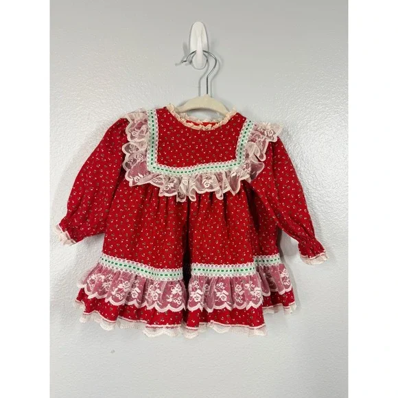Bryan Girls Toddler Baby Christmas Dress Red Floral Lace Ruffle Button Back Vtg - Picture 1 of 7